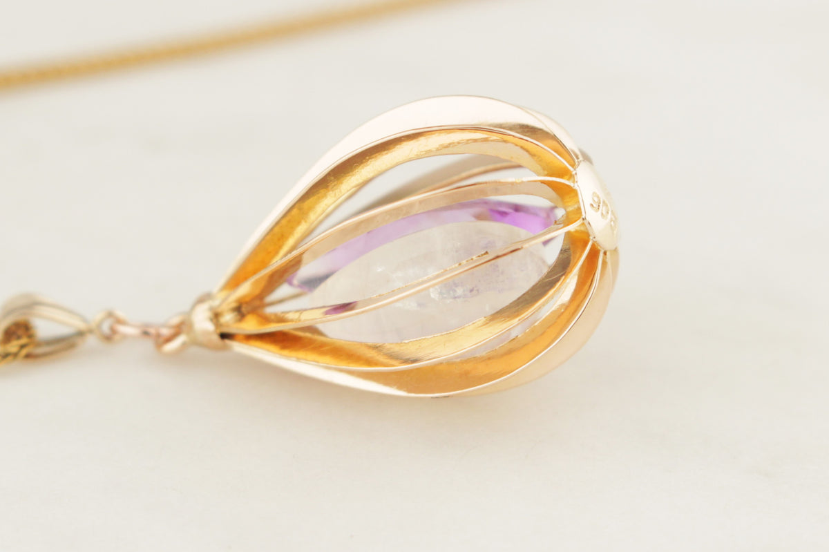 RETRO MID CENTURY c1960 MOONSTONE &amp; AMETHYST PENDANT 14ct GOLD