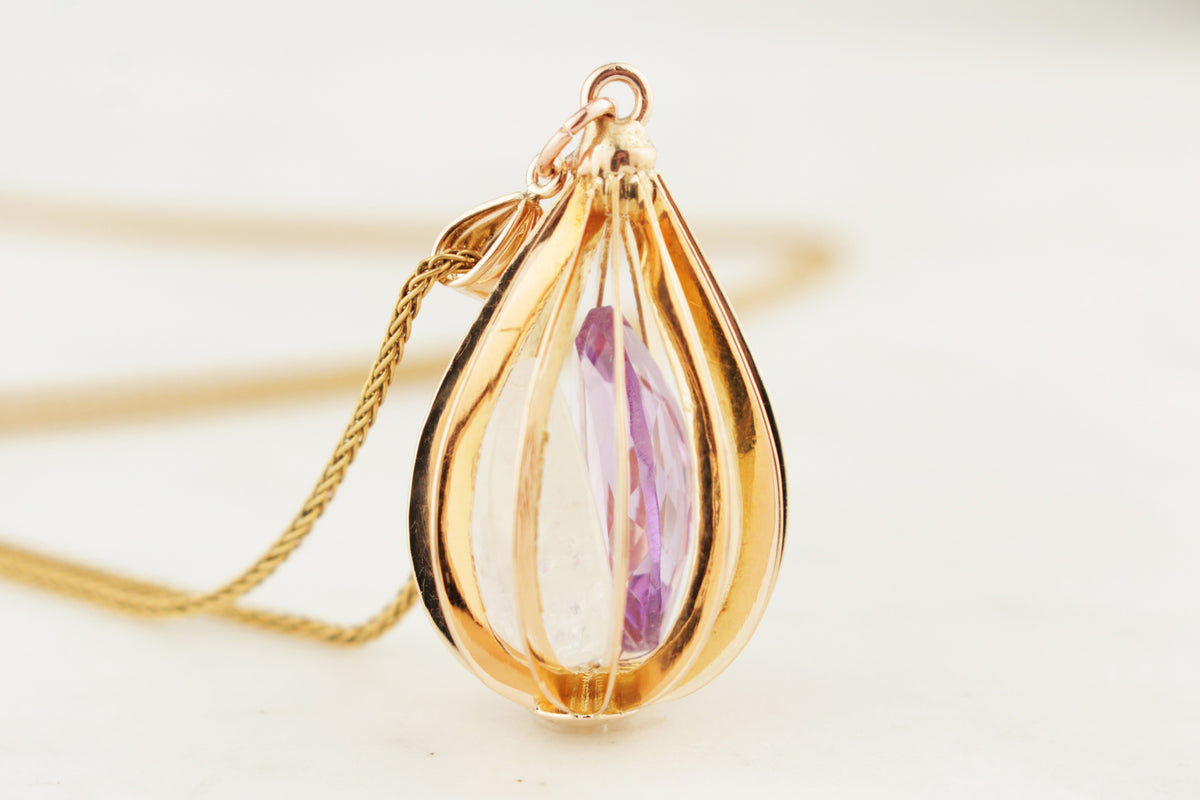 RETRO MID CENTURY c1960 MOONSTONE &amp; AMETHYST PENDANT 14ct GOLD