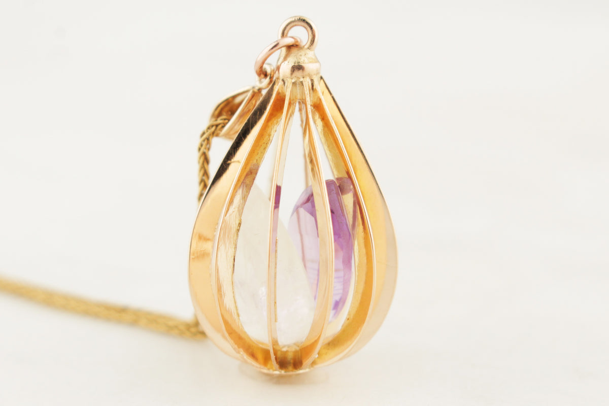 RETRO MID CENTURY c1960 MOONSTONE &amp; AMETHYST PENDANT 14ct GOLD