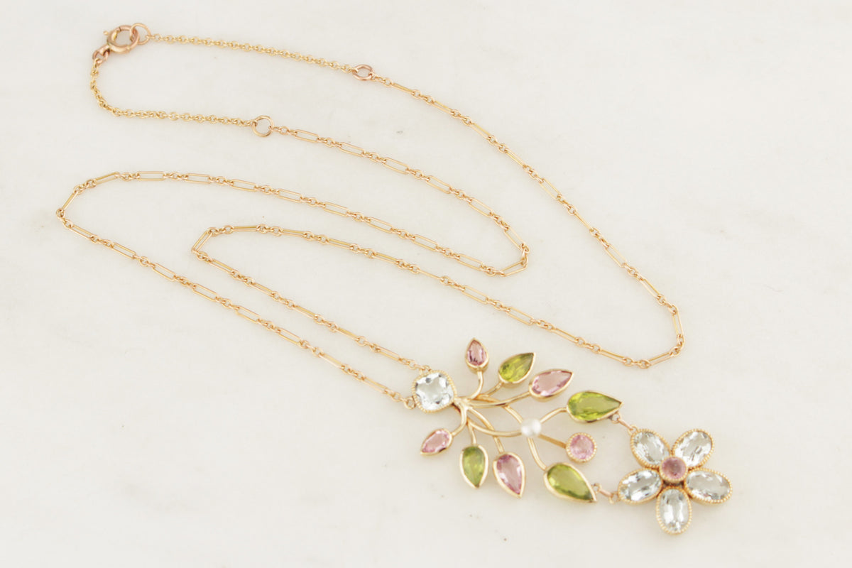 ANTIQUE ART NOUVEAU c1900 MULTI GEM &amp; PEARL NECKLACE 15ct GOLD
