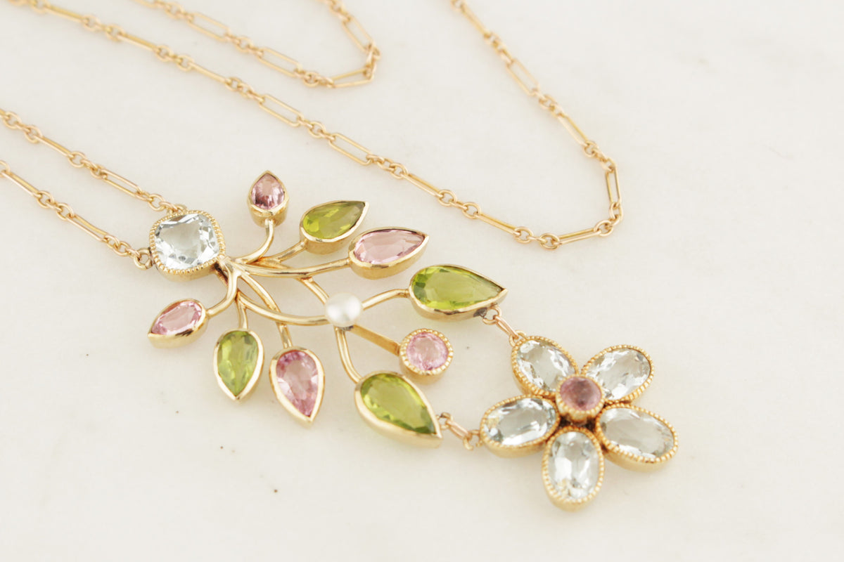 ANTIQUE ART NOUVEAU c1900 MULTI GEM &amp; PEARL NECKLACE 15ct GOLD