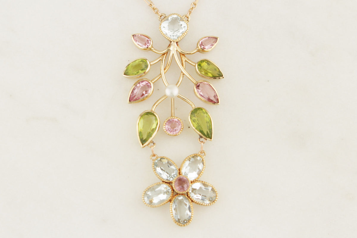 ANTIQUE ART NOUVEAU c1900 MULTI GEM &amp; PEARL NECKLACE 15ct GOLD