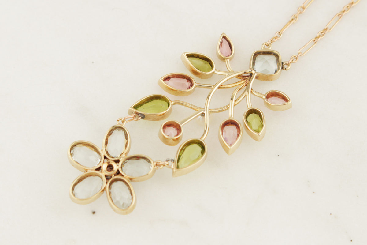 ANTIQUE ART NOUVEAU c1900 MULTI GEM &amp; PEARL NECKLACE 15ct GOLD