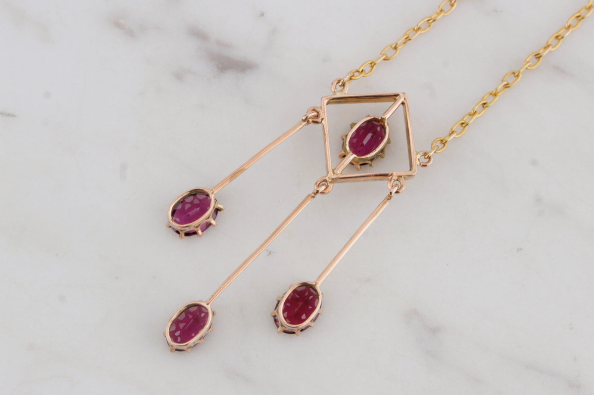 Antique Edwardian C1910 Garnet Drop Necklace On 9ct Yellow Gold Rock