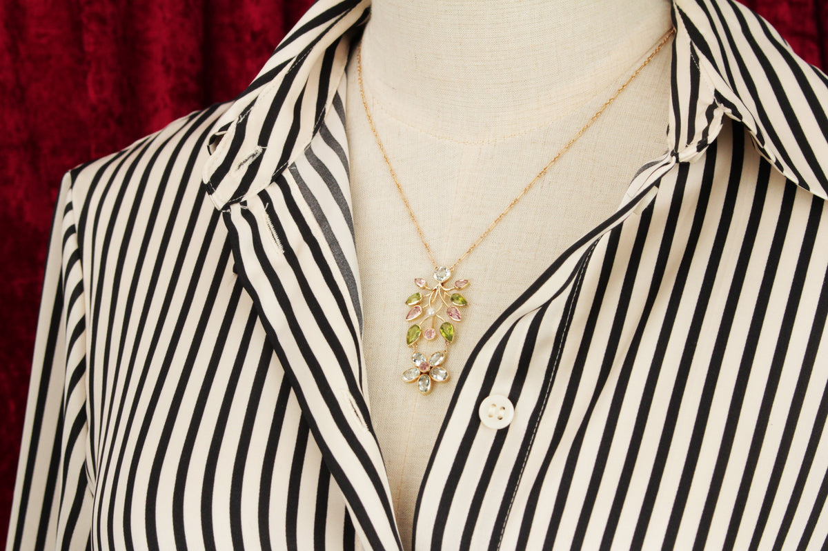 ANTIQUE ART NOUVEAU c1900 MULTI GEM &amp; PEARL NECKLACE 15ct GOLD