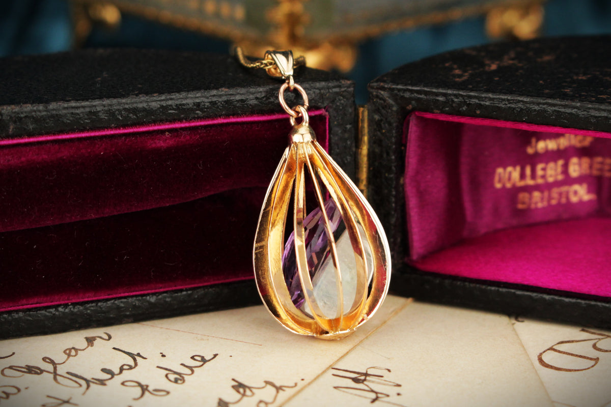 RETRO MID CENTURY c1960 MOONSTONE &amp; AMETHYST PENDANT 14ct GOLD