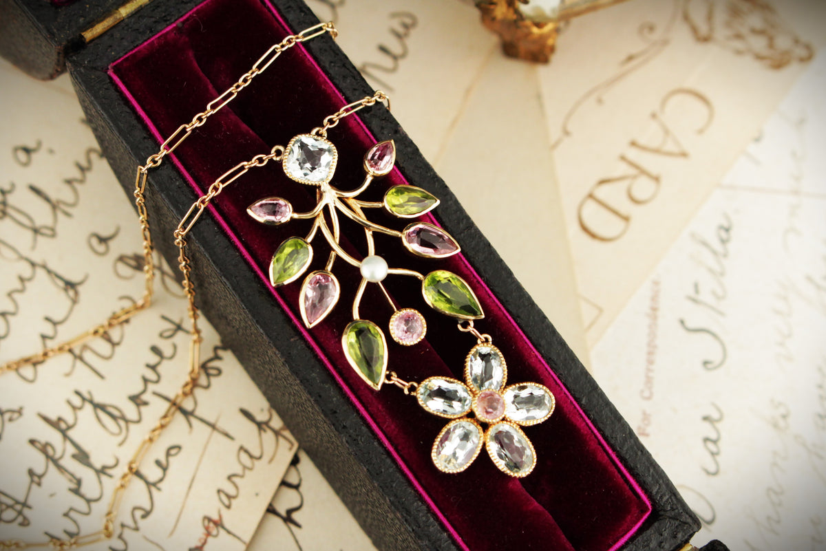 ANTIQUE ART NOUVEAU c1900 MULTI GEM &amp; PEARL NECKLACE 15ct GOLD