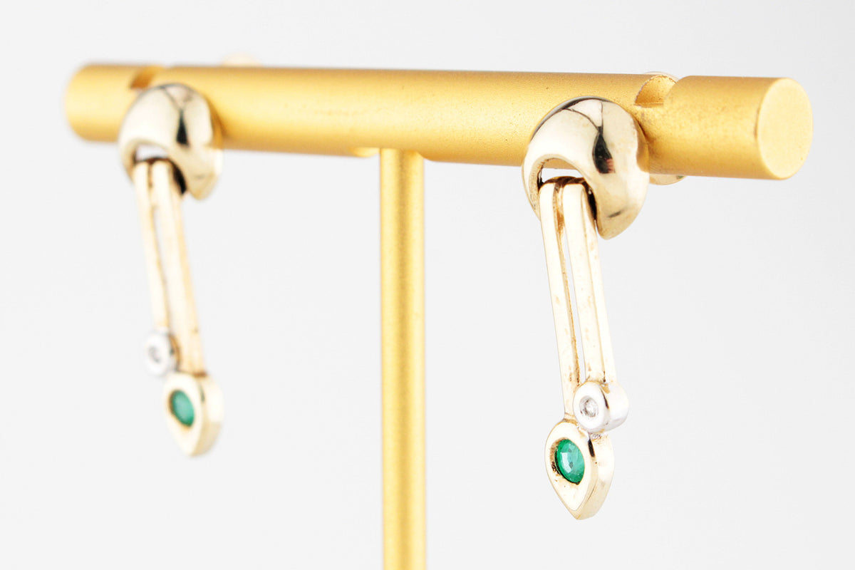 VINTAGE EMERALD &amp; DIAMOND DROP EARRINGS 9ct GOLD