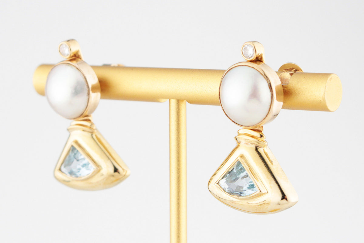RETRO CONVERTIBLE TOPAZ, DIAMOND &amp; PEARL EARRINGS 9ct GOLD
