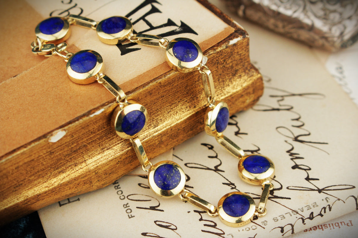 VINTAGE ESTATE LAPIS LAZULI BRACELET 18ct GOLD