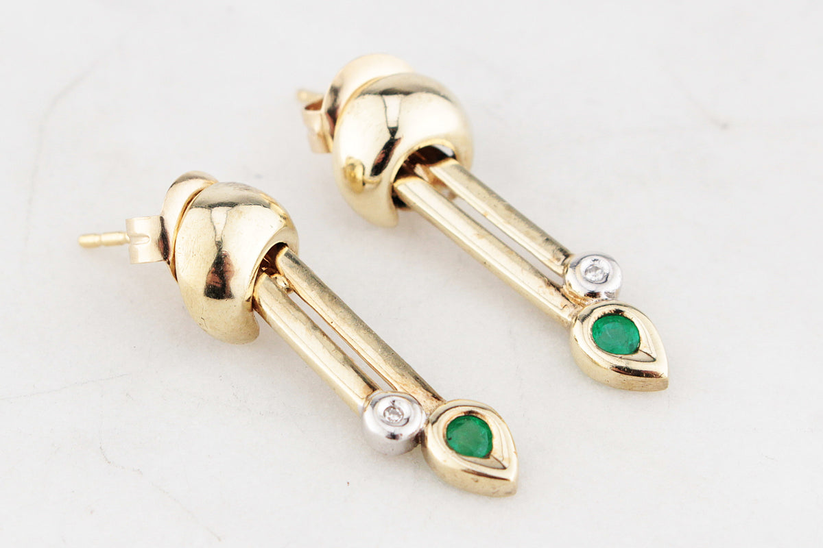 VINTAGE EMERALD &amp; DIAMOND DROP EARRINGS 9ct GOLD