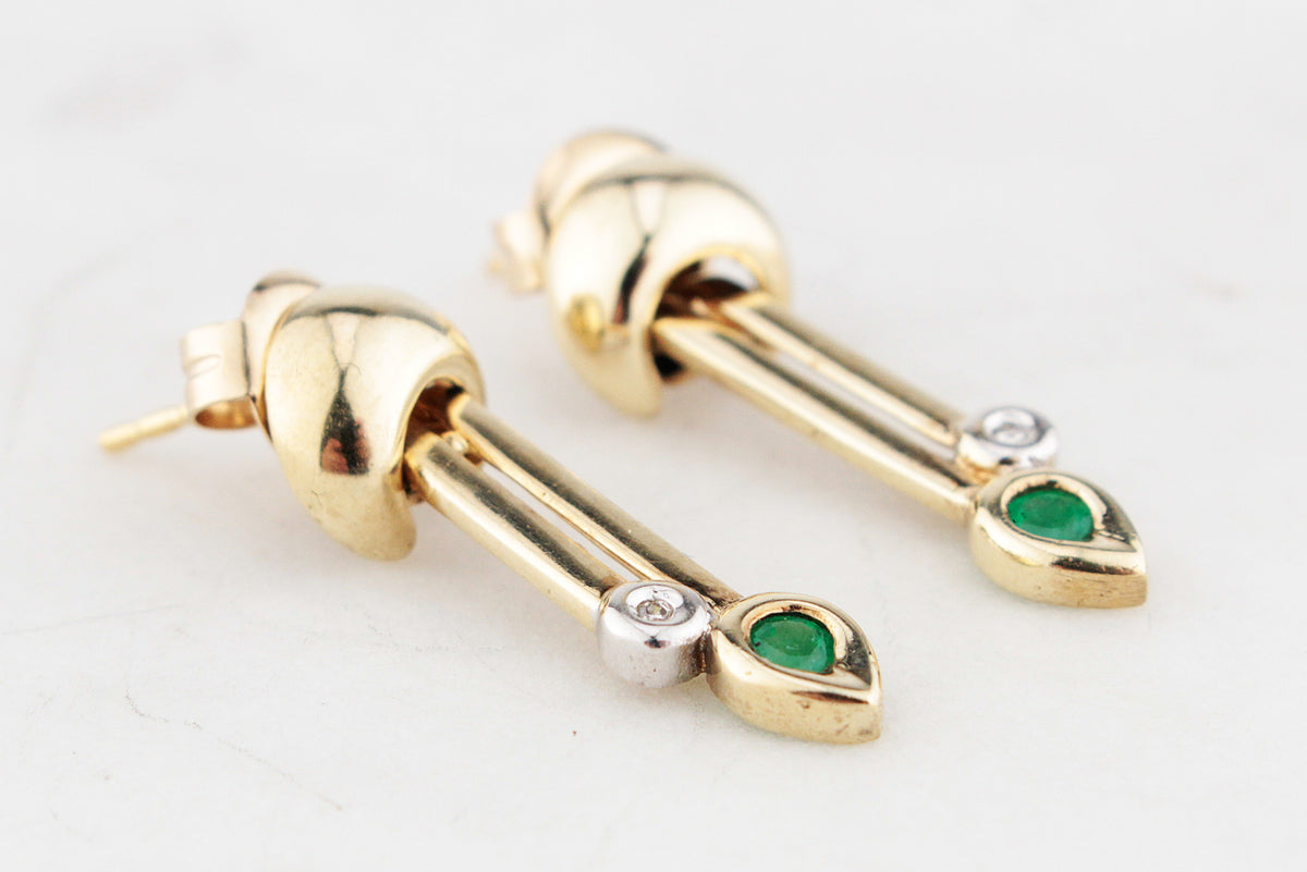 VINTAGE EMERALD &amp; DIAMOND DROP EARRINGS 9ct GOLD
