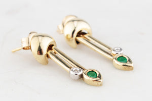 VINTAGE EMERALD & DIAMOND DROP EARRINGS 9ct GOLD