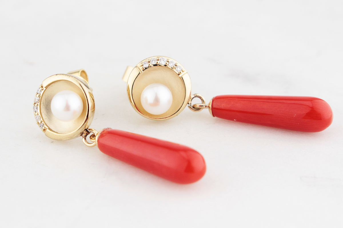 BESPOKE CORAL, PEARL &amp; DIAMOND EARRINGS 9ct GOLD