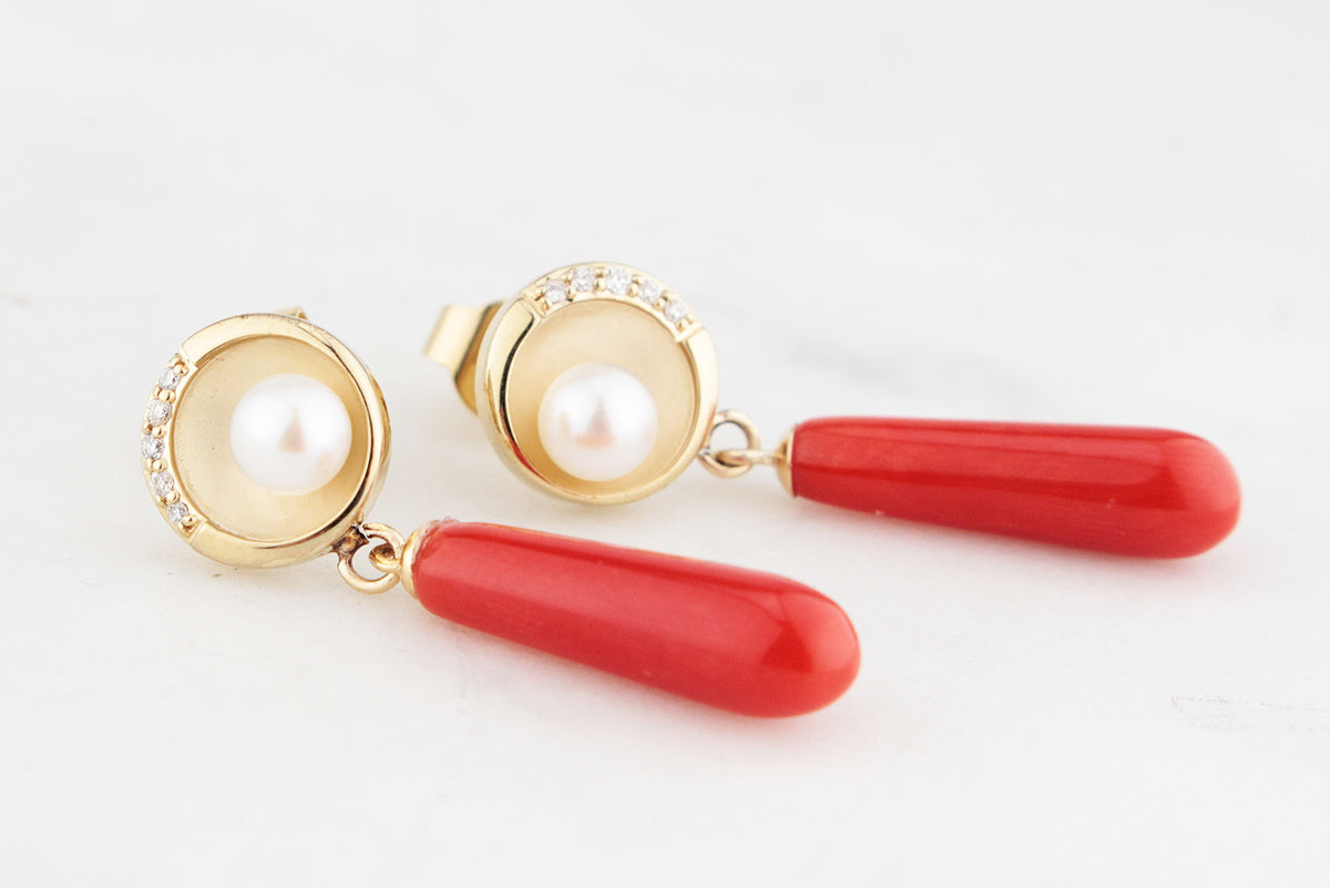 BESPOKE CORAL, PEARL &amp; DIAMOND EARRINGS 9ct GOLD