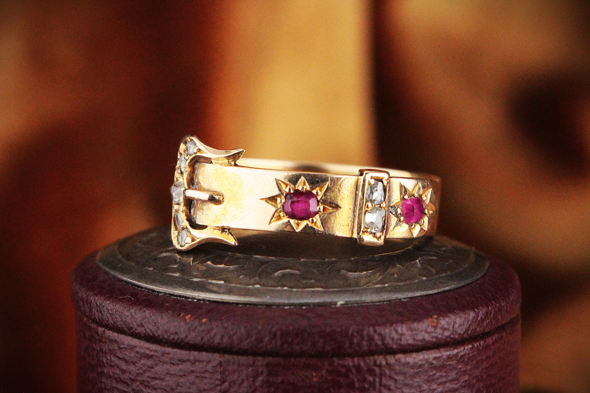 ANTIQUE VICTORIAN 1874 RUBY &amp; DIAMOND BUCKLE RING 15ct GOLD