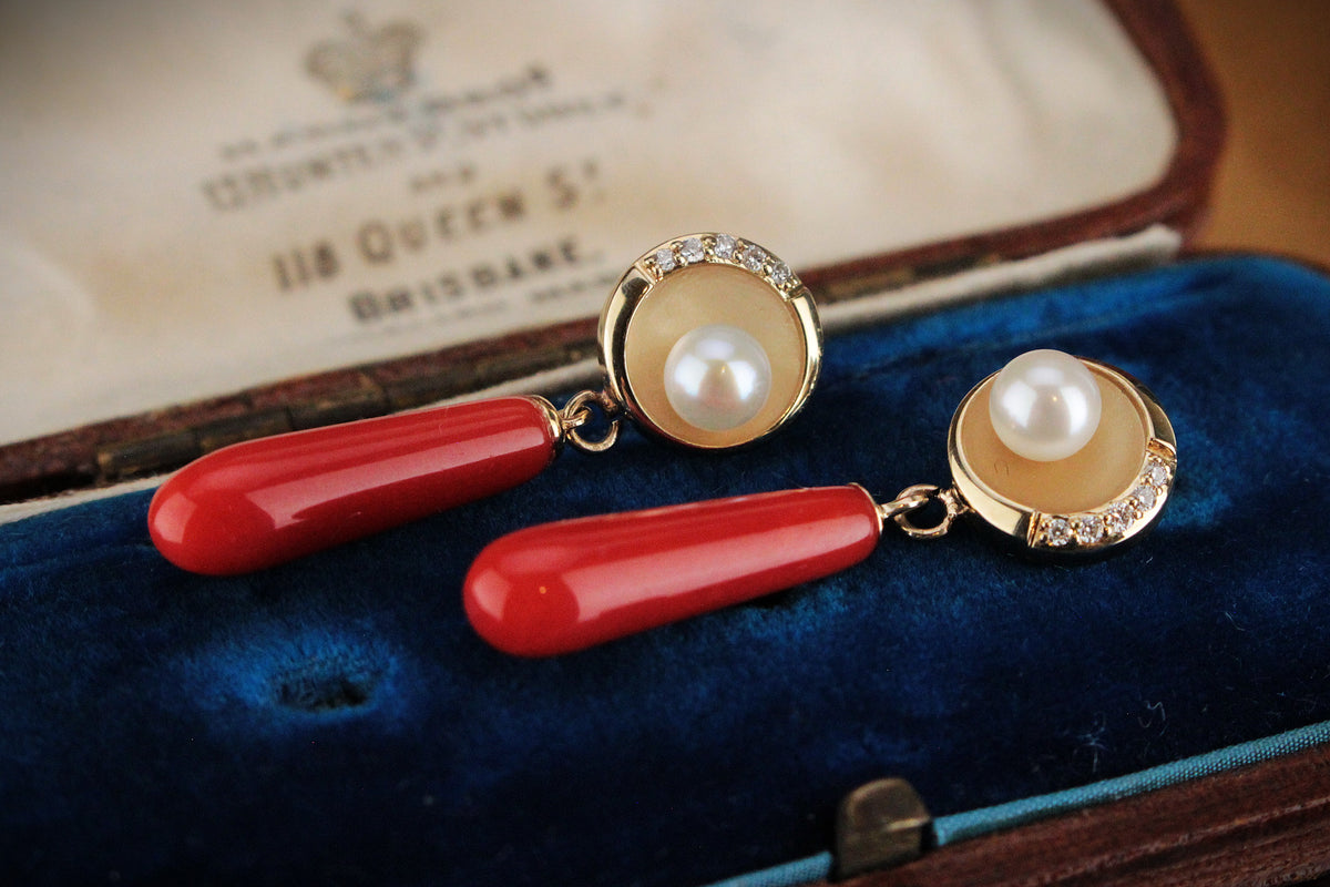 BESPOKE CORAL, PEARL &amp; DIAMOND EARRINGS 9ct GOLD