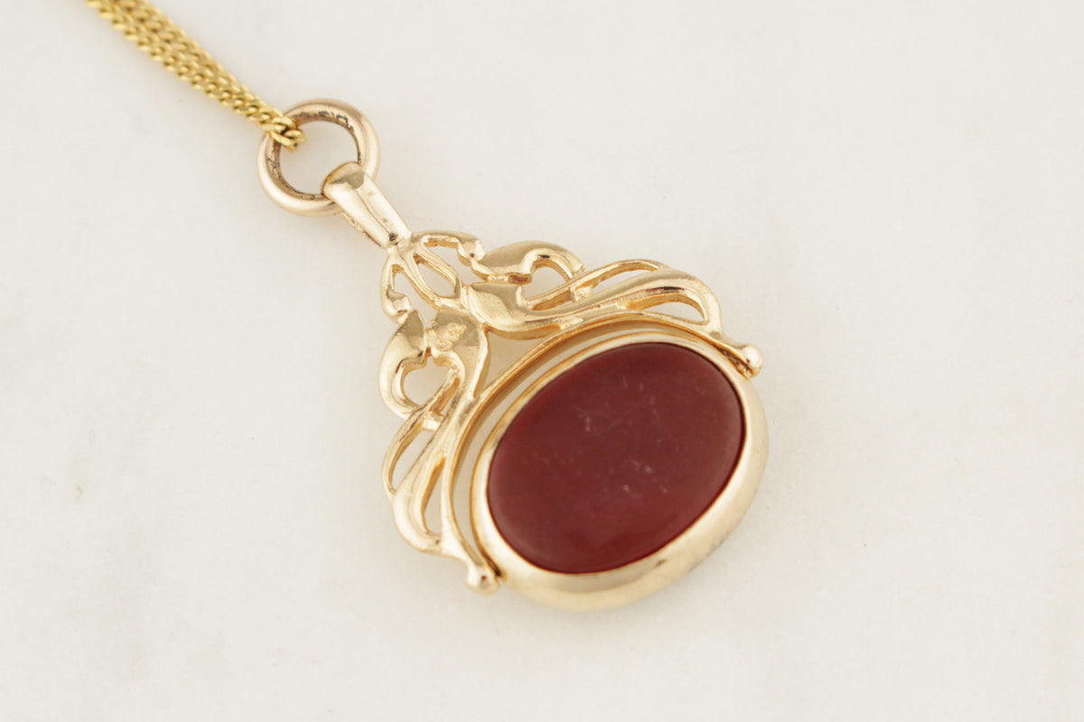 VINTAGE ANTIQUE STYLE BLOODSTONE &amp; CARNELIAN FOB SPINNER 9ct GOLD