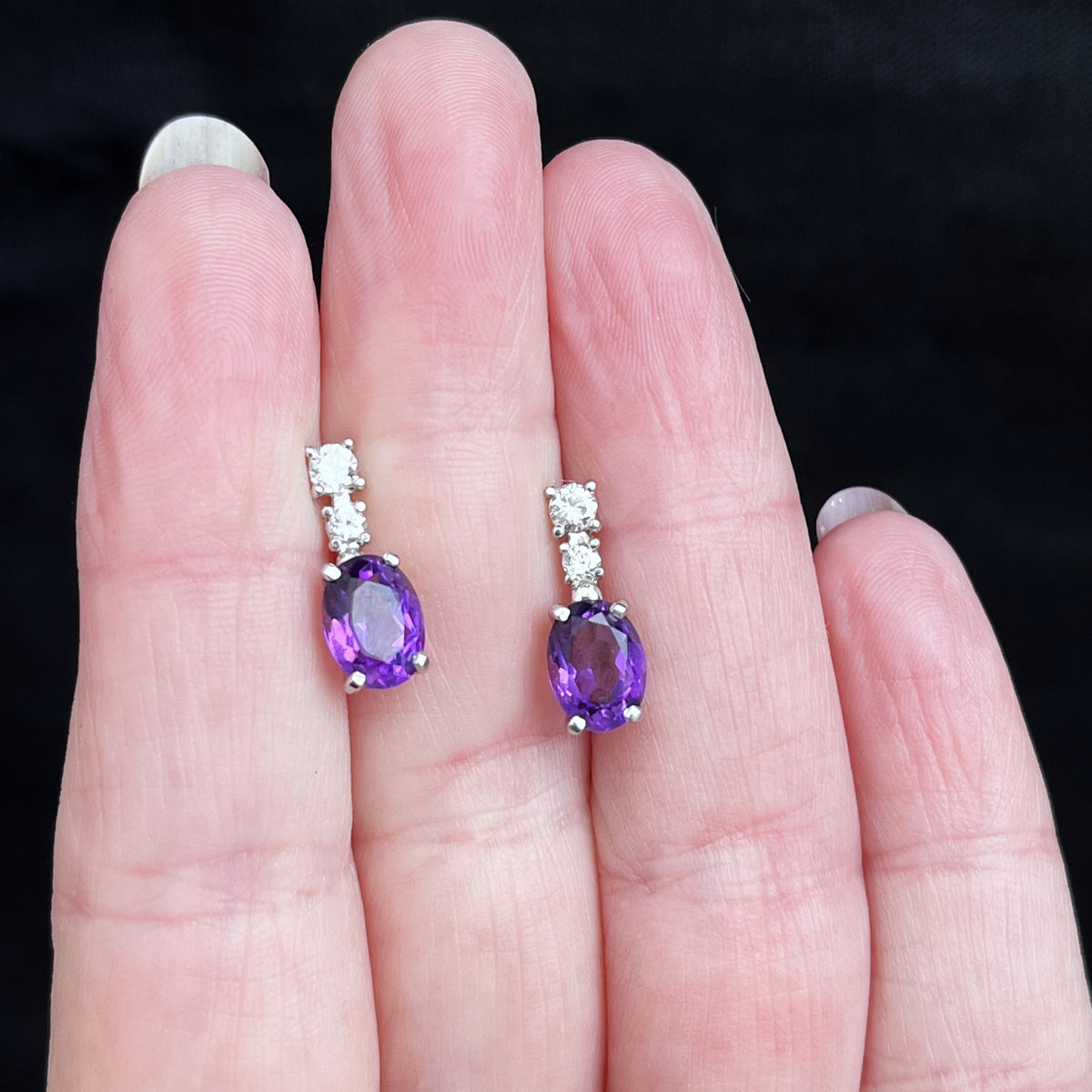 VINTAGE AMETHYST &amp; DIAMOND EARRINGS IN 18ct WHITE GOLD