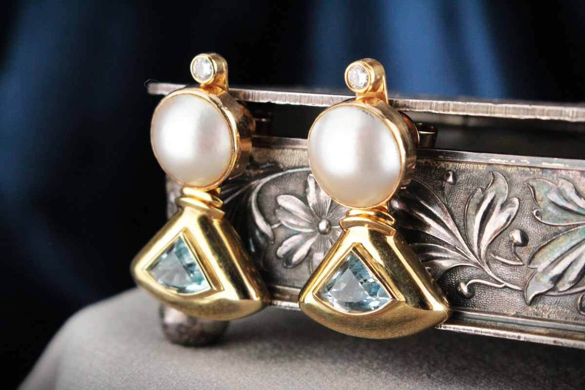 RETRO CONVERTIBLE TOPAZ, DIAMOND &amp; PEARL EARRINGS 9ct GOLD