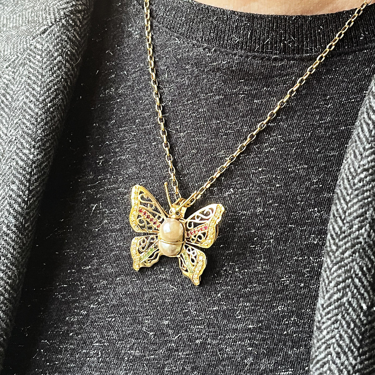 VINTAGE BUTTERFLY PENDANT WITH EMERALDS, RUBIES, DIAMONDS &amp; PEARL 14ct GOLD