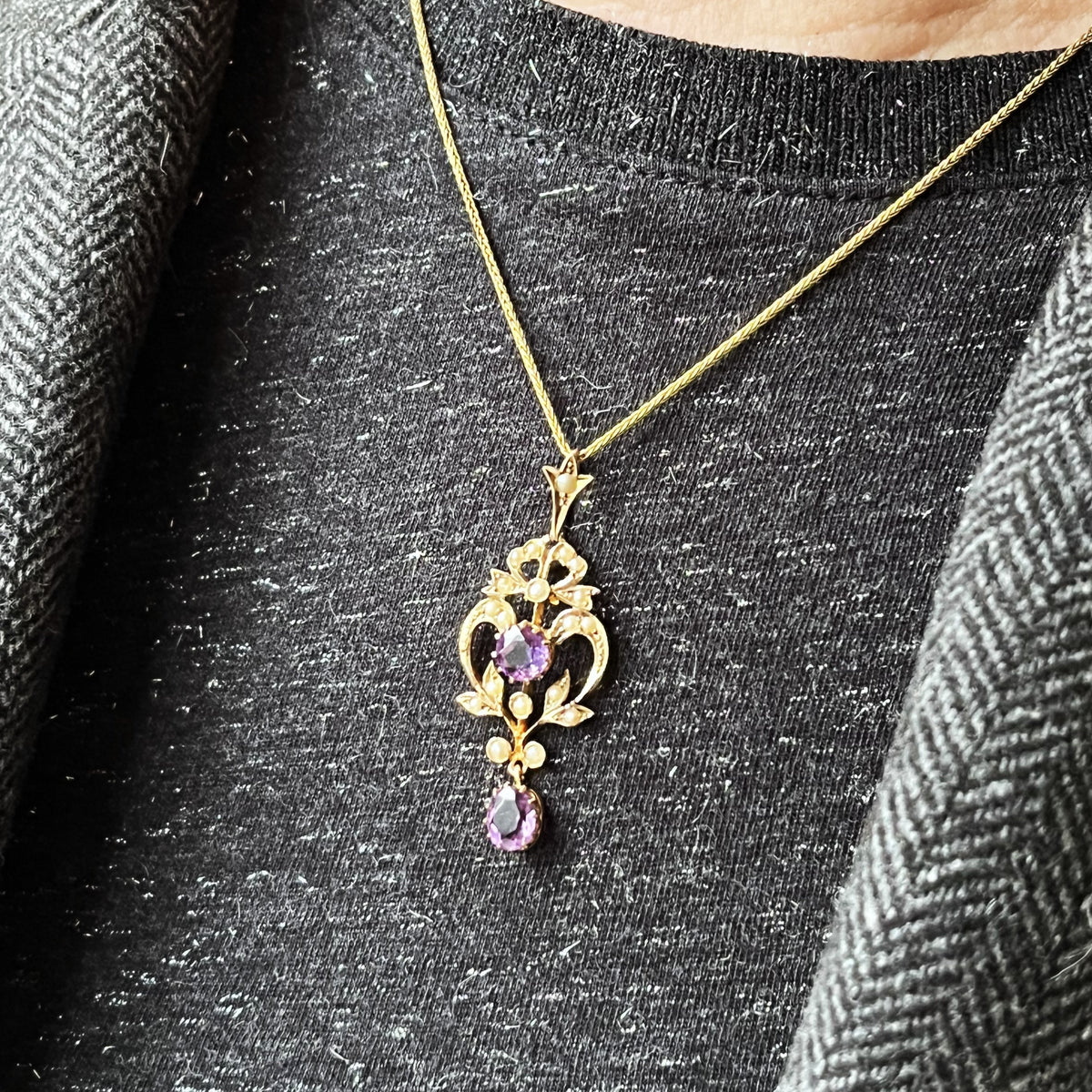 ANTIQUE AUSTRALIAN AMETHYST &amp; SEED PEARL PENDANT 9ct GOLD