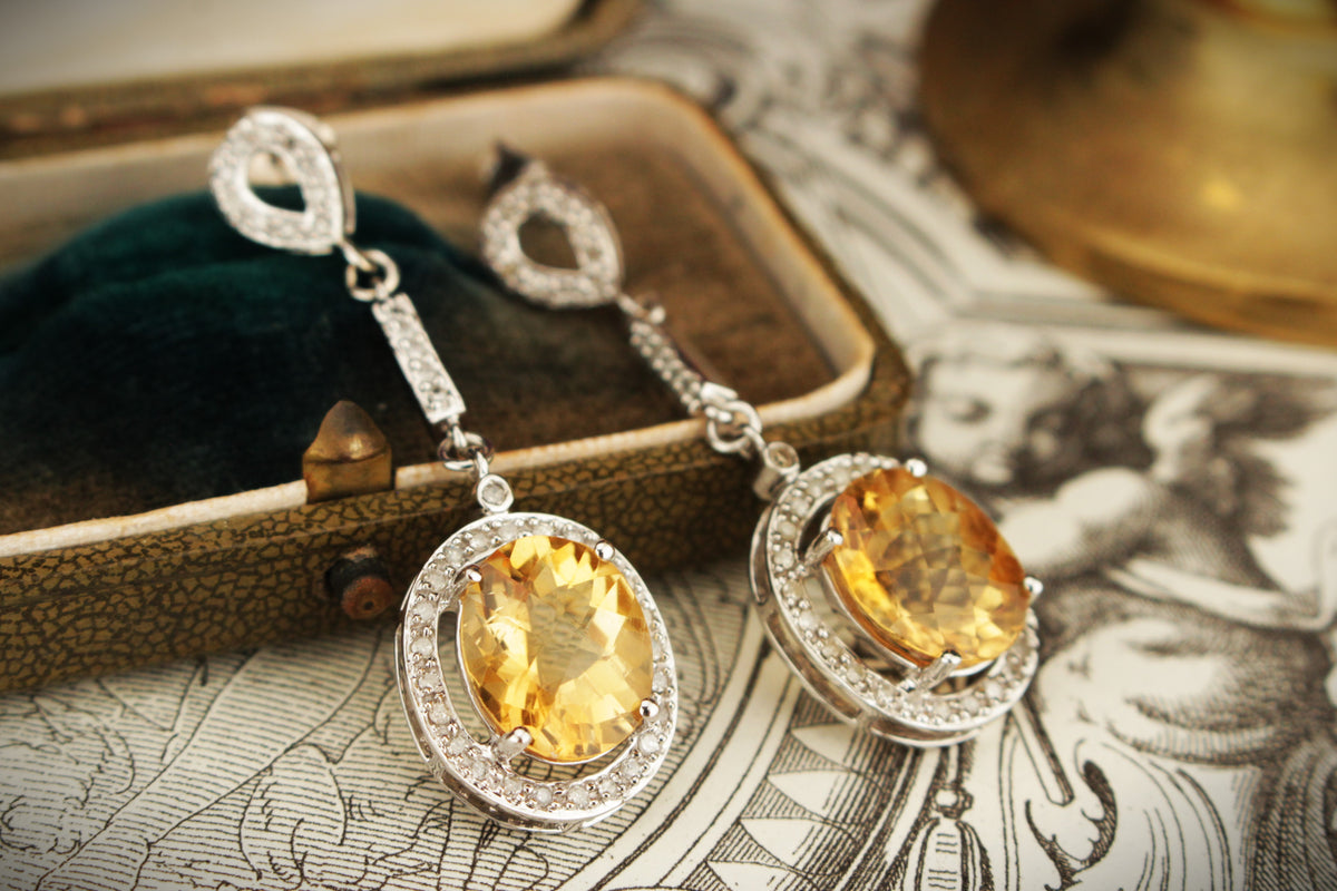 MODERN CITRINE &amp; DIAMOND EARRINGS 14ct GOLD