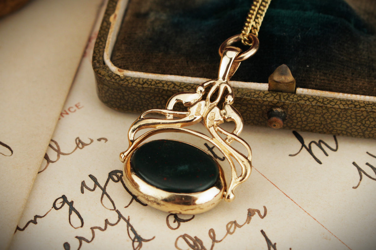 VINTAGE ANTIQUE STYLE BLOODSTONE &amp; CARNELIAN FOB SPINNER 9ct GOLD