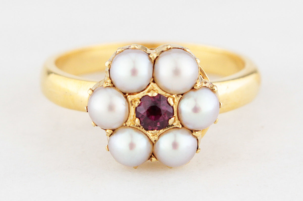 ANTIQUE RUBY &amp; PEARL RING 18 &amp; 14ct YELLOW GOLD
