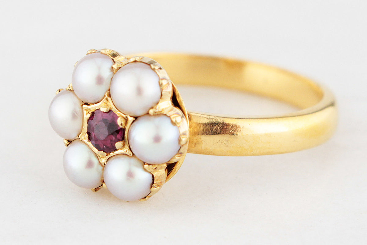 ANTIQUE RUBY &amp; PEARL RING 18 &amp; 14ct YELLOW GOLD