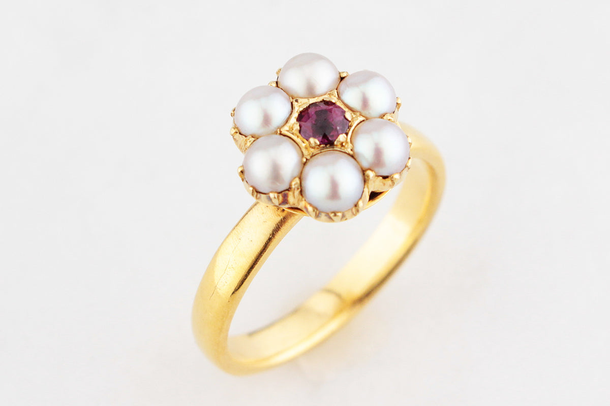 ANTIQUE RUBY &amp; PEARL RING 18 &amp; 14ct YELLOW GOLD
