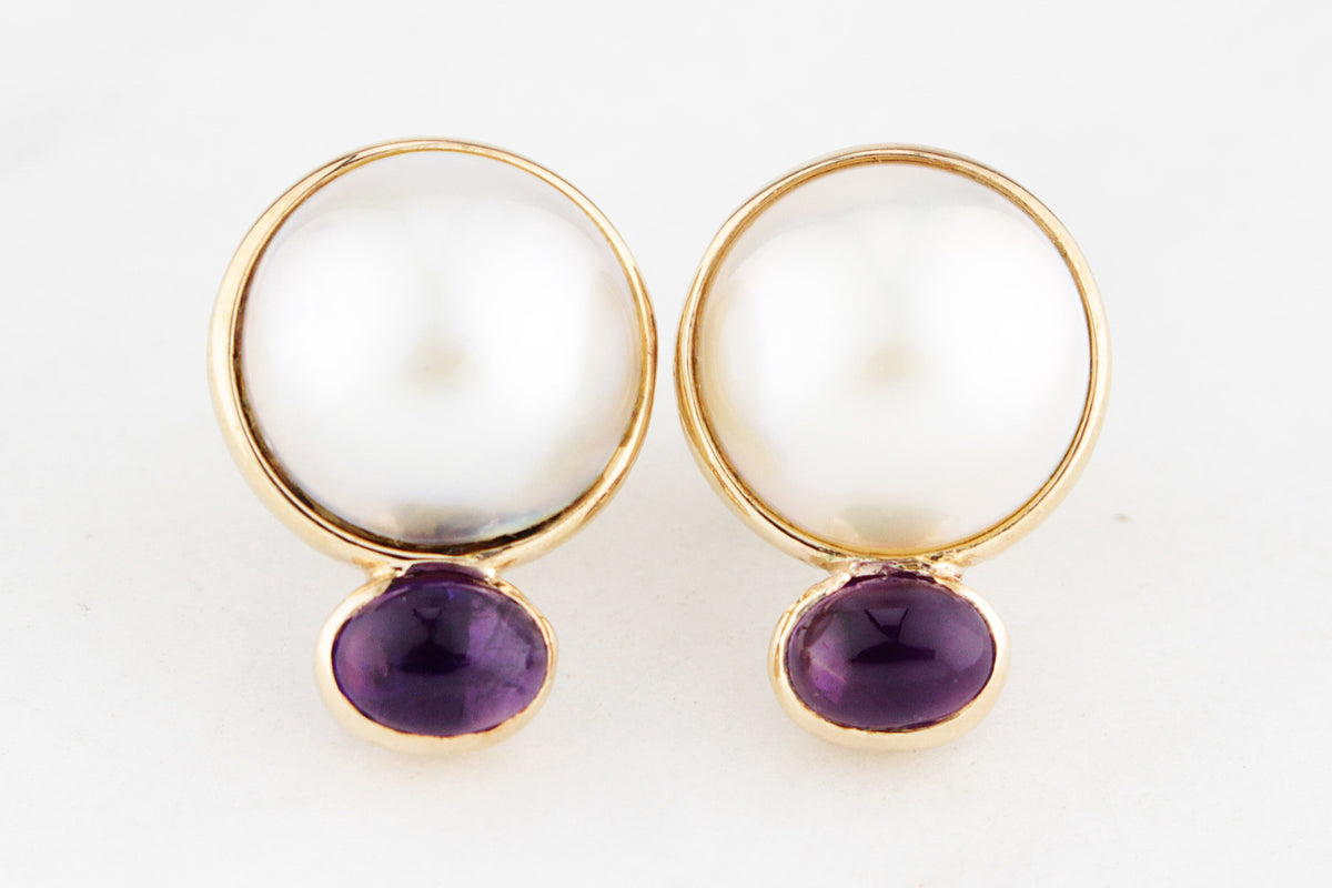 RETRO c1980’s MABE PEARL &amp; AMETHYST EARRINGS 9ct GOLD