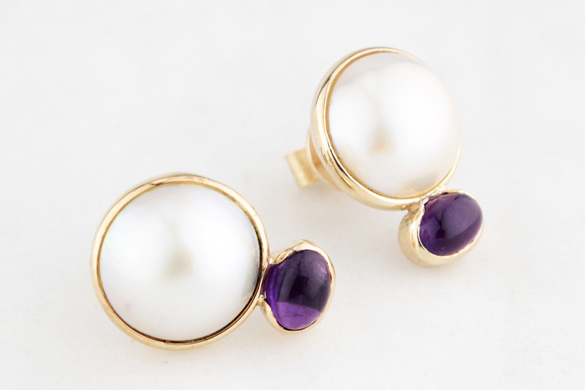 RETRO c1980’s MABE PEARL &amp; AMETHYST EARRINGS 9ct GOLD
