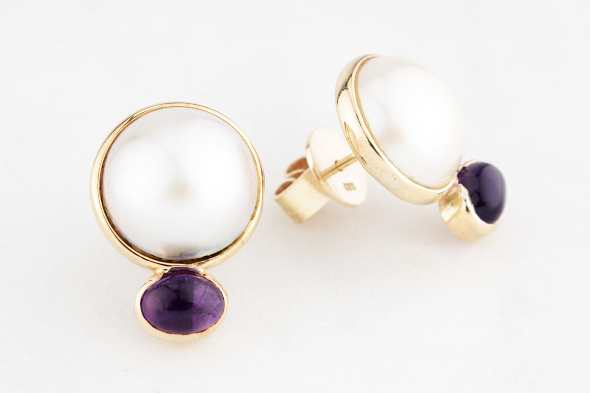 RETRO c1980’s MABE PEARL &amp; AMETHYST EARRINGS 9ct GOLD