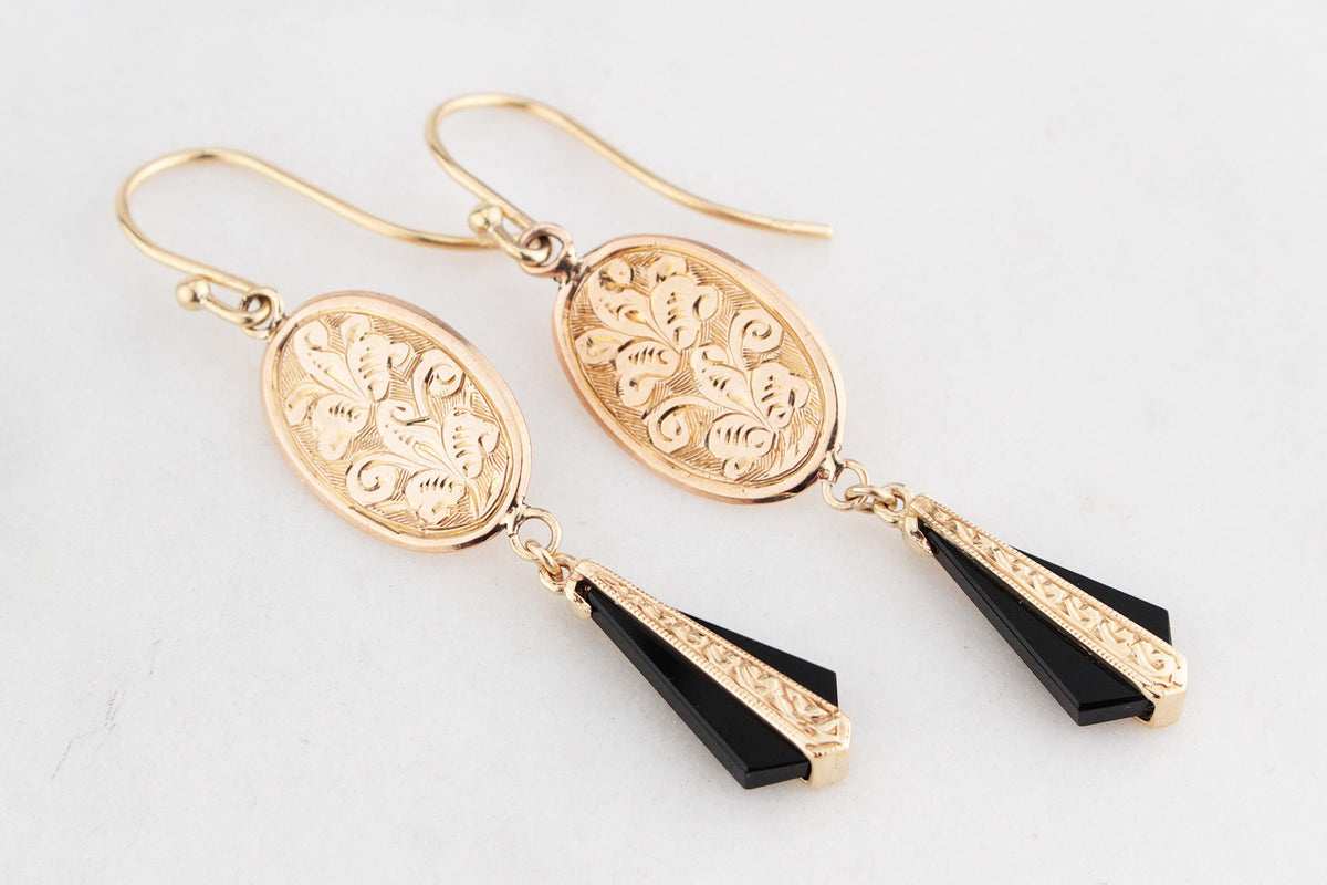 ANTIQUE EDWARDIAN ONYX DROP EARRINGS 9ct GOLD