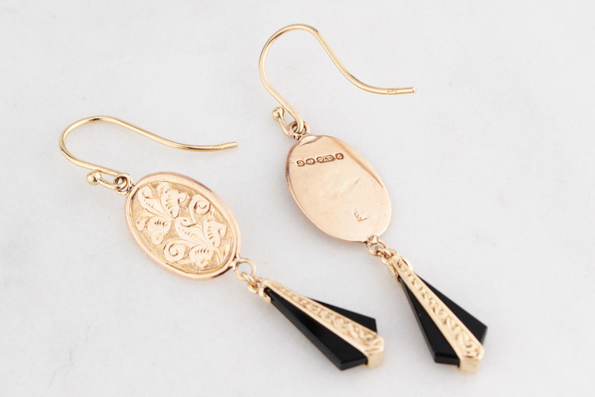 ANTIQUE EDWARDIAN ONYX DROP EARRINGS 9ct GOLD