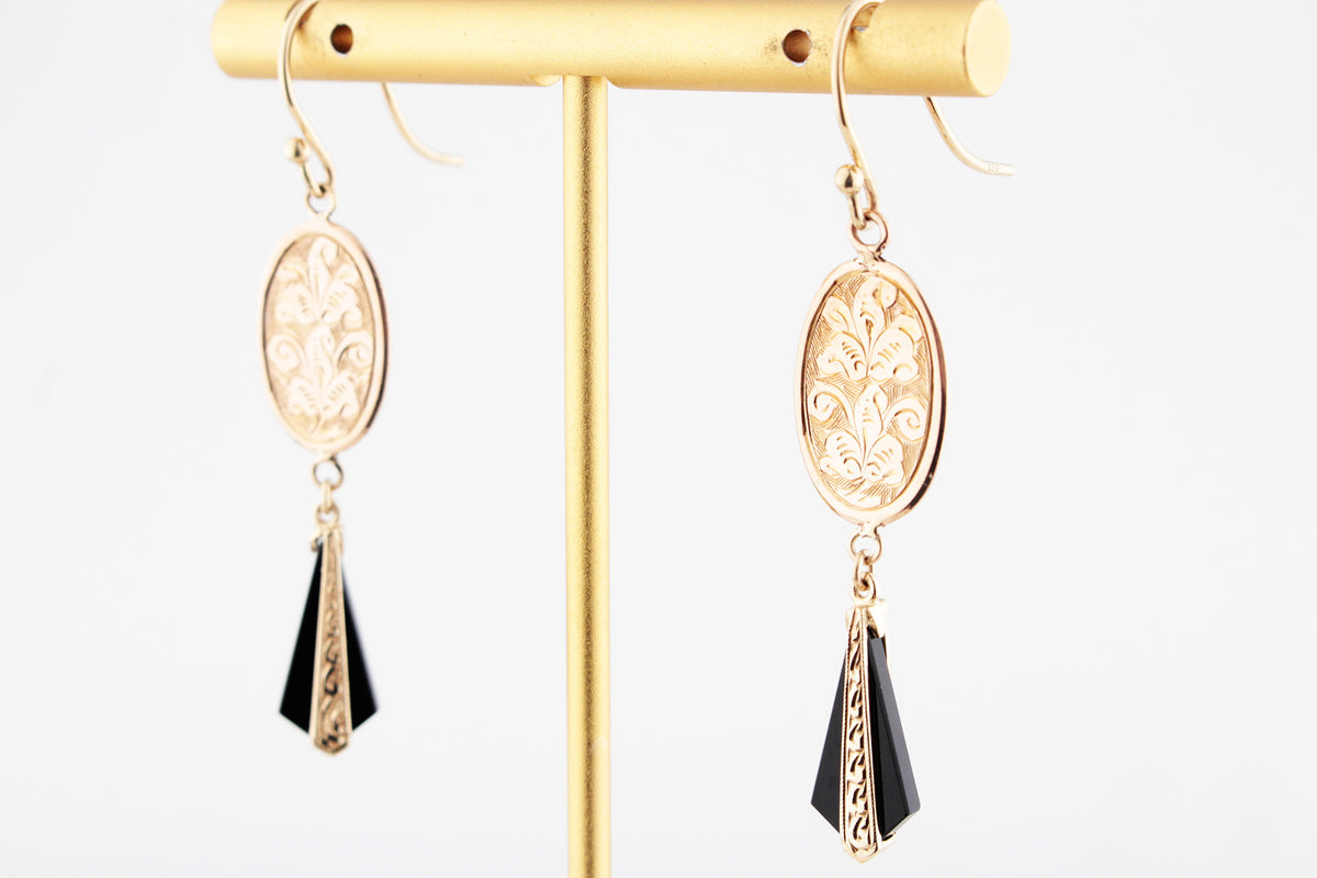 ANTIQUE EDWARDIAN ONYX DROP EARRINGS 9ct GOLD