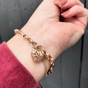 VINTAGE DAY & NIGHT BRACELET WITH FILIGREE HEART CLOSURE ON 9ct ROSE GOLD