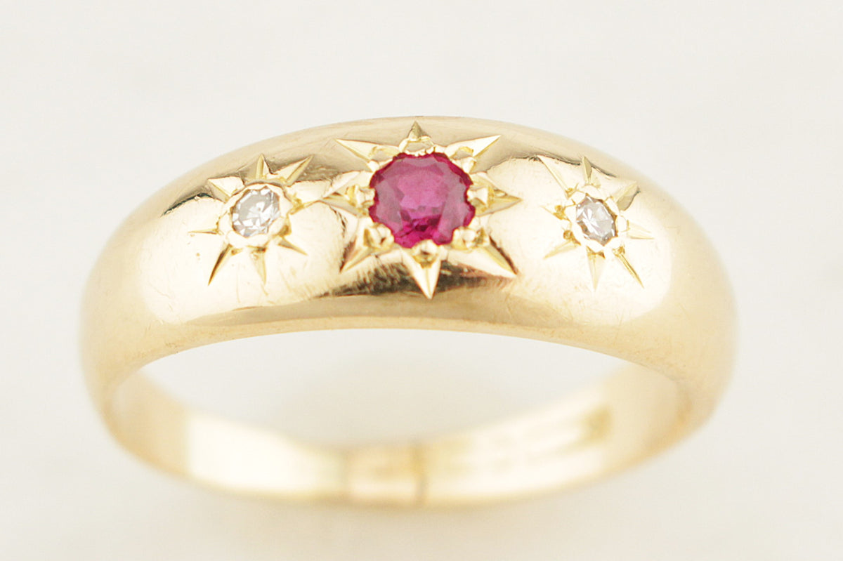 ANTIQUE EDWARDIAN c1910 RUBY & DIAMOND STARBURST RING 18ct GOLD