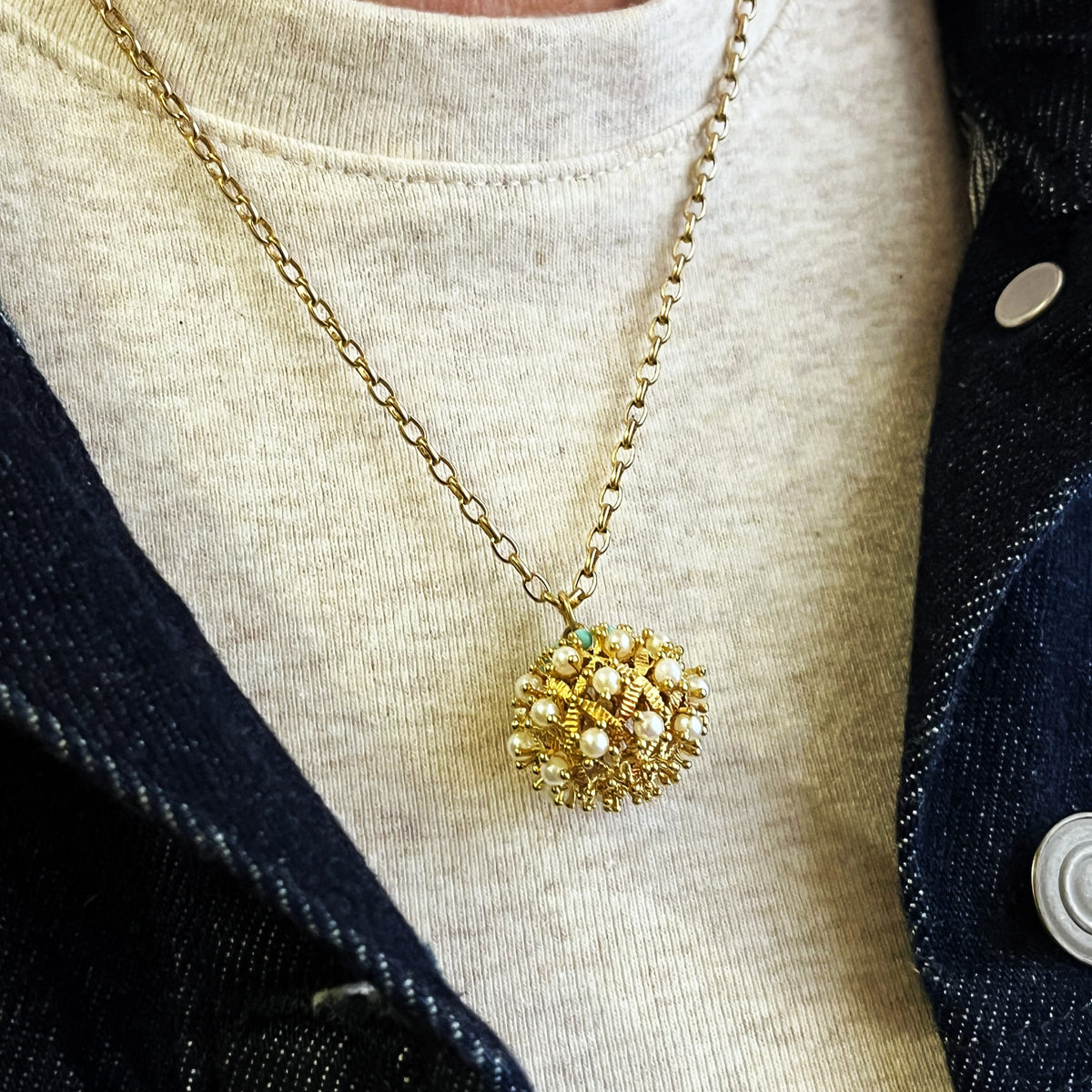 VINTAGE TURQUOISE &amp; PEARL PENDANT 18ct GOLD