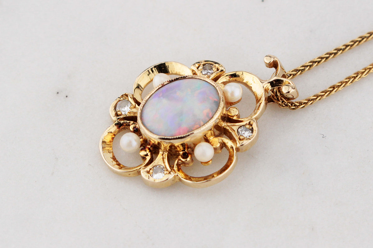 RETRO 1980’s OPAL, DIAMOND &amp; PEARL PENDANT 9ct GOLD