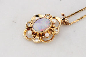 RETRO 1980’s OPAL, DIAMOND & PEARL PENDANT 9ct GOLD