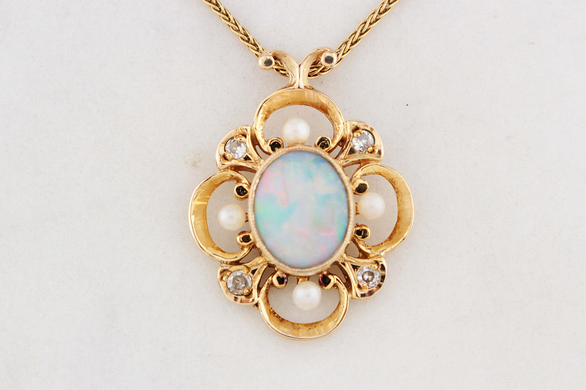 RETRO 1980’s OPAL, DIAMOND &amp; PEARL PENDANT 9ct GOLD