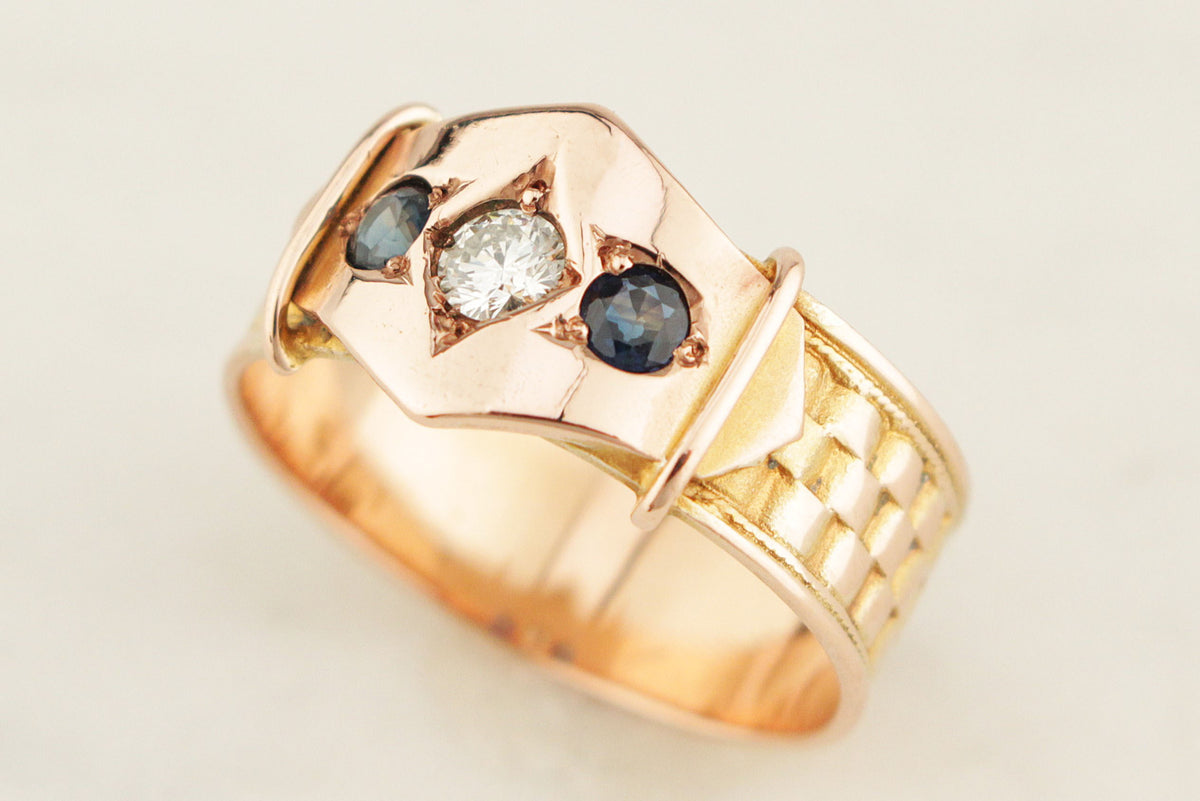 ANTIQUE AUSTRALIAN c1900 SAPPHIRE &amp; DIAMOND RING 9ct ROSE &amp; YELLOW GOLD