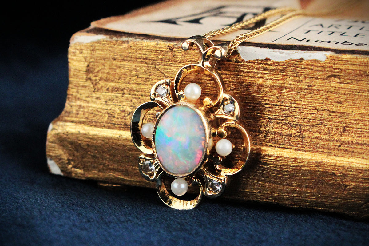 RETRO 1980’s OPAL, DIAMOND &amp; PEARL PENDANT 9ct GOLD