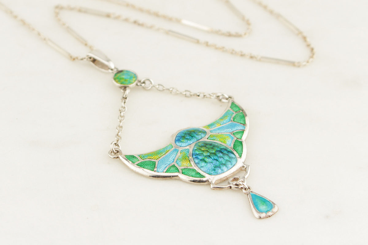 ANTIQUE ART NOUVEAU 1909 CHARLES HORNER SILVER & ENAMEL PENDANT NECKLACE