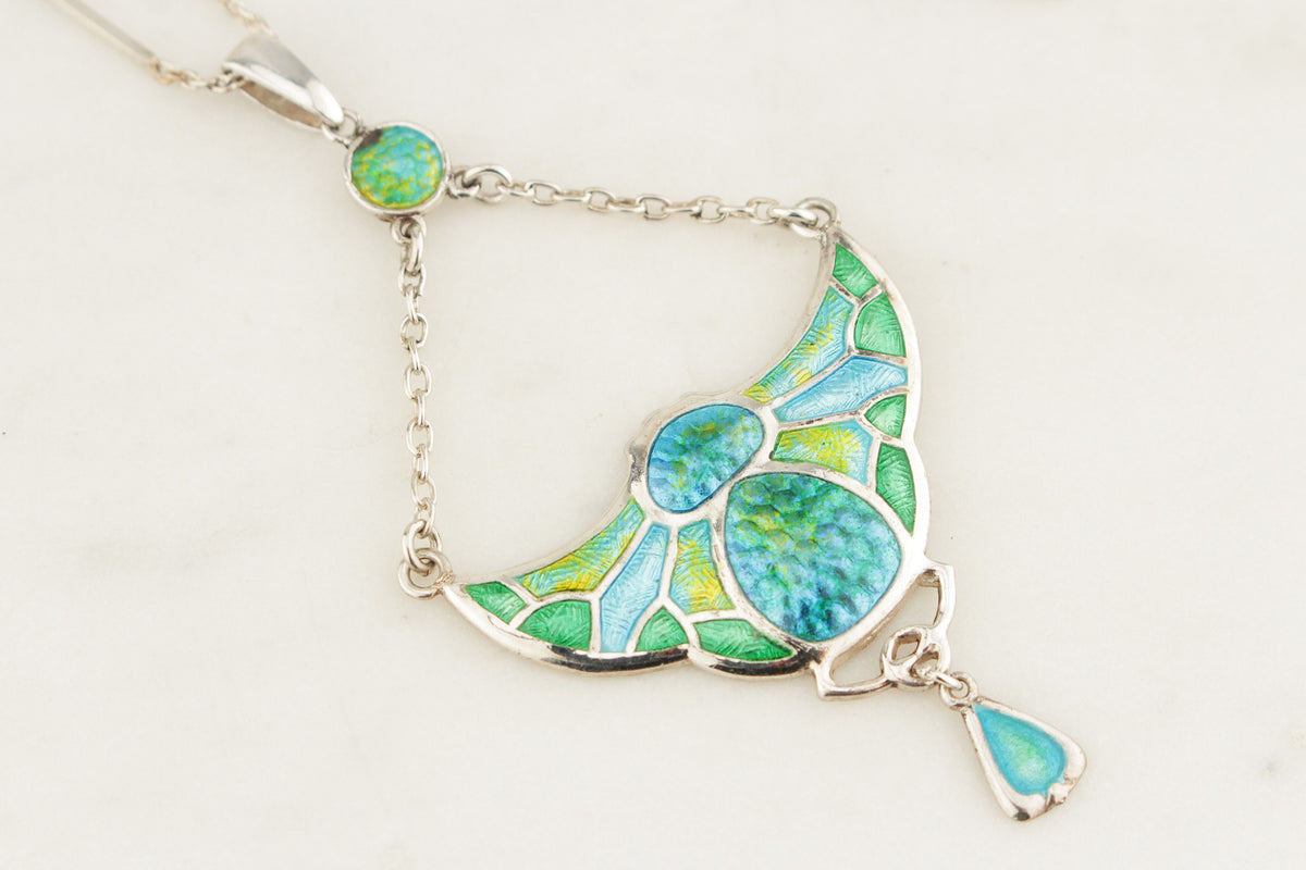 ANTIQUE ART NOUVEAU 1909 CHARLES HORNER SILVER & ENAMEL PENDANT NECKLACE