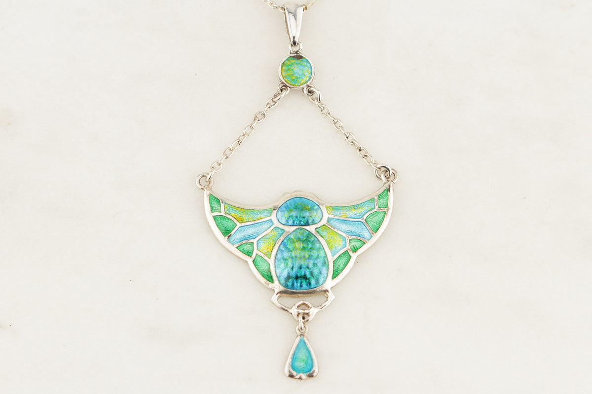 ANTIQUE ART NOUVEAU 1909 CHARLES HORNER SILVER & ENAMEL PENDANT NECKLACE