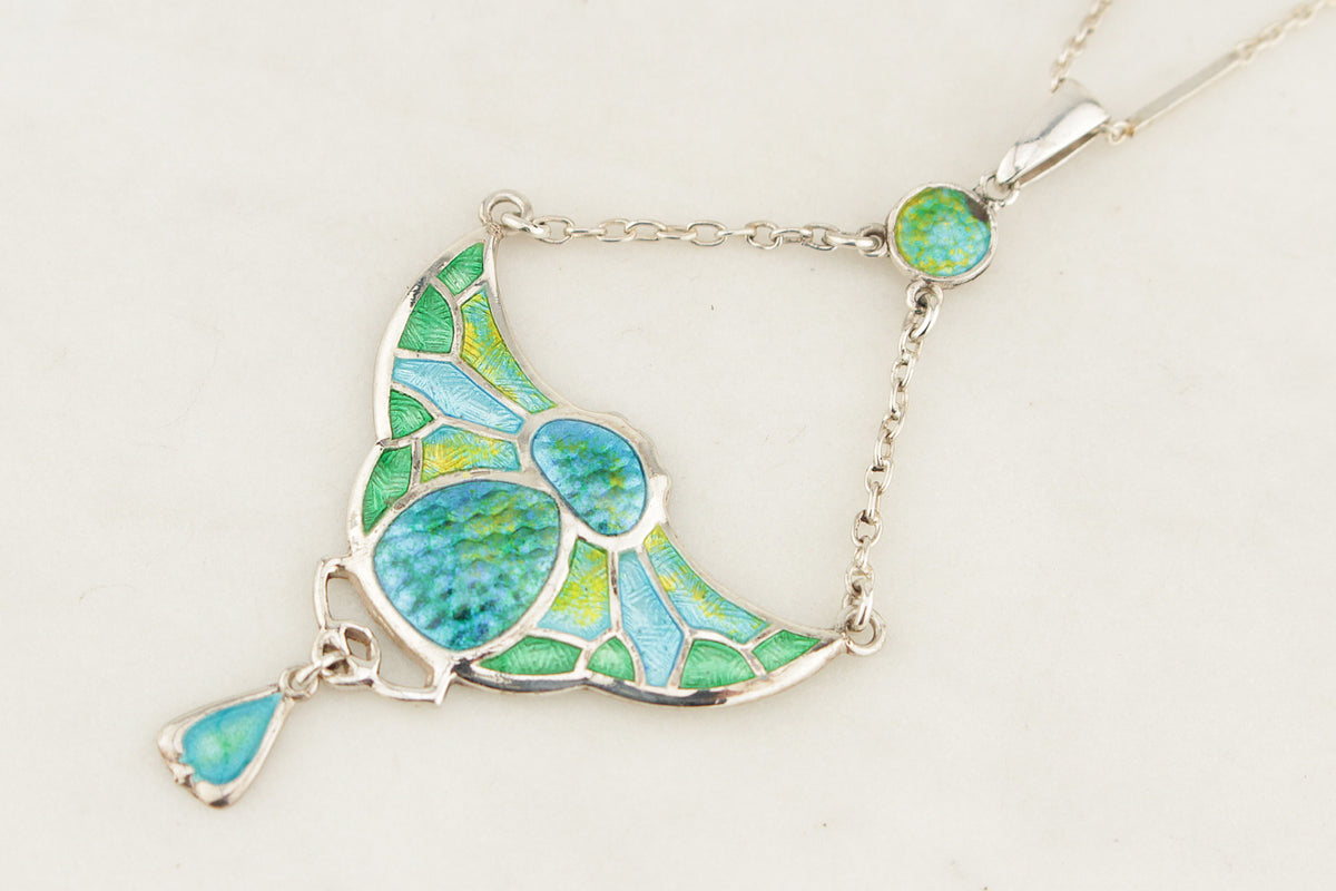 ANTIQUE ART NOUVEAU 1909 CHARLES HORNER SILVER & ENAMEL PENDANT NECKLACE