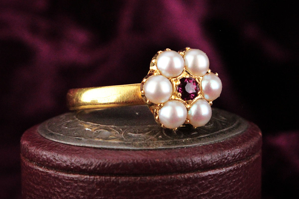 ANTIQUE RUBY &amp; PEARL RING 18 &amp; 14ct YELLOW GOLD